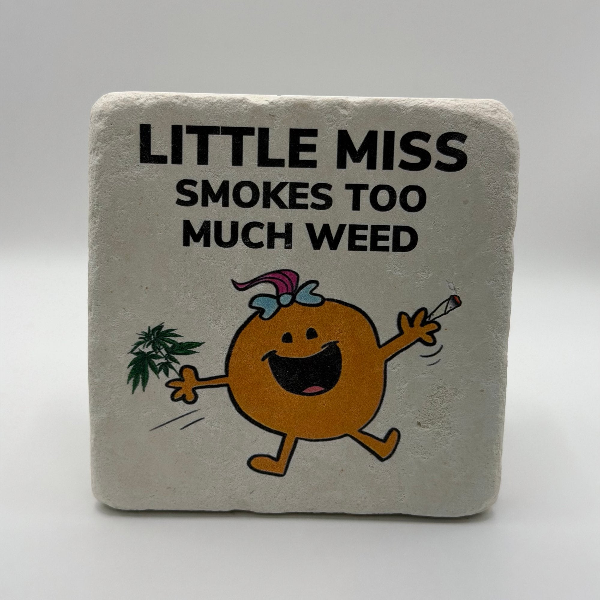 Little Miss cartoon artwork printed on square natural travertine stone coaster