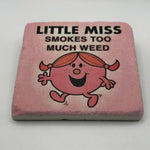 Pink Little Miss artwork printed on square travertine stone coaster