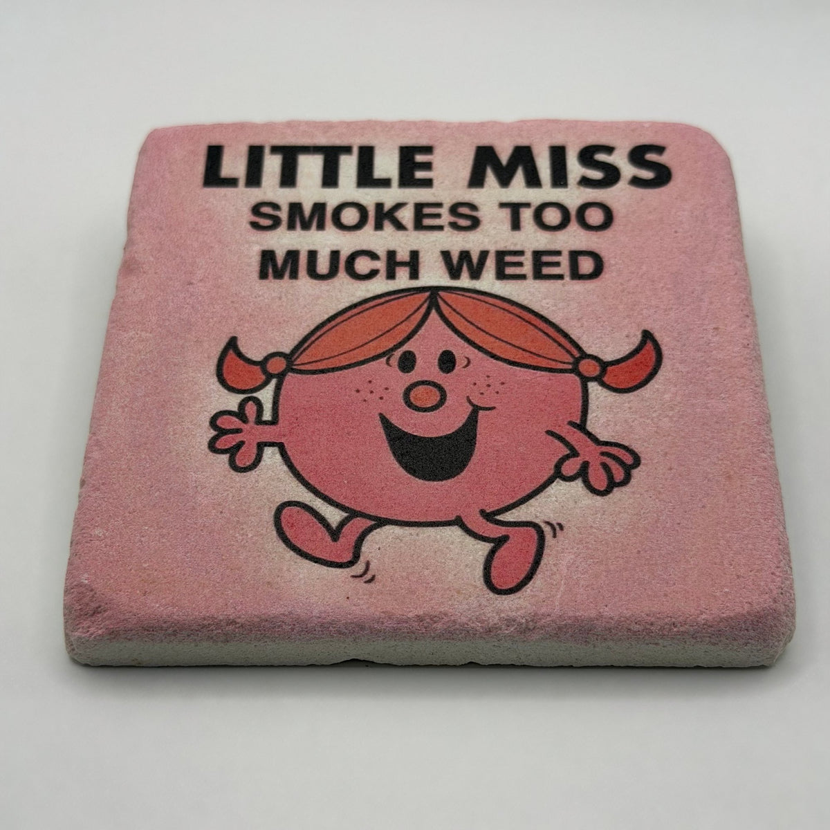 Pink Little Miss artwork printed on square travertine stone coaster