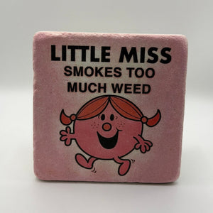 Pink Little Miss artwork printed on square travertine stone coaster