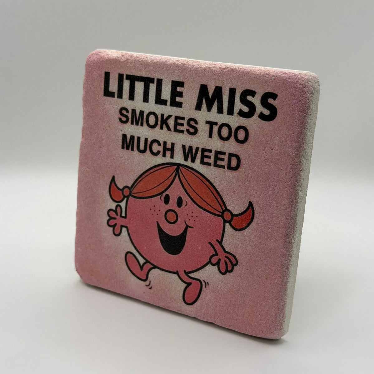 Pink Little Miss artwork printed on square travertine stone coaster