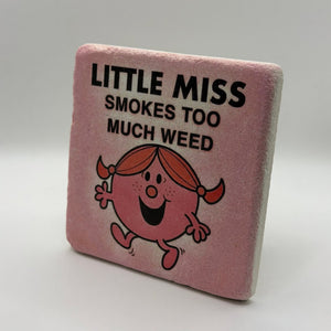 Pink Little Miss artwork printed on square travertine stone coaster