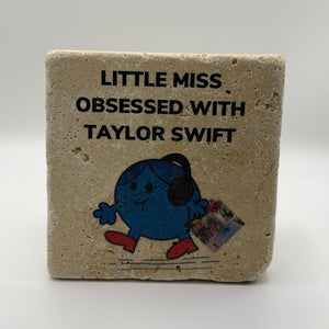 Little Miss character design printed on square travertine stone coaster