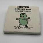 Little Miss cannabis-inspired artwork printed on square travertine stone coaster