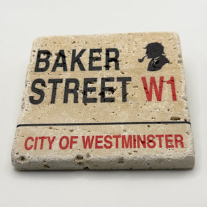 Sherlock Holmes theme printed on square travertine stone coaster