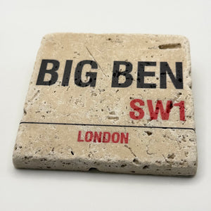 Vintage drawing of Big Ben printed on square travertine stone coaster
