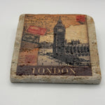 Vintage Big Ben artwork printed on square travertine stone coaster