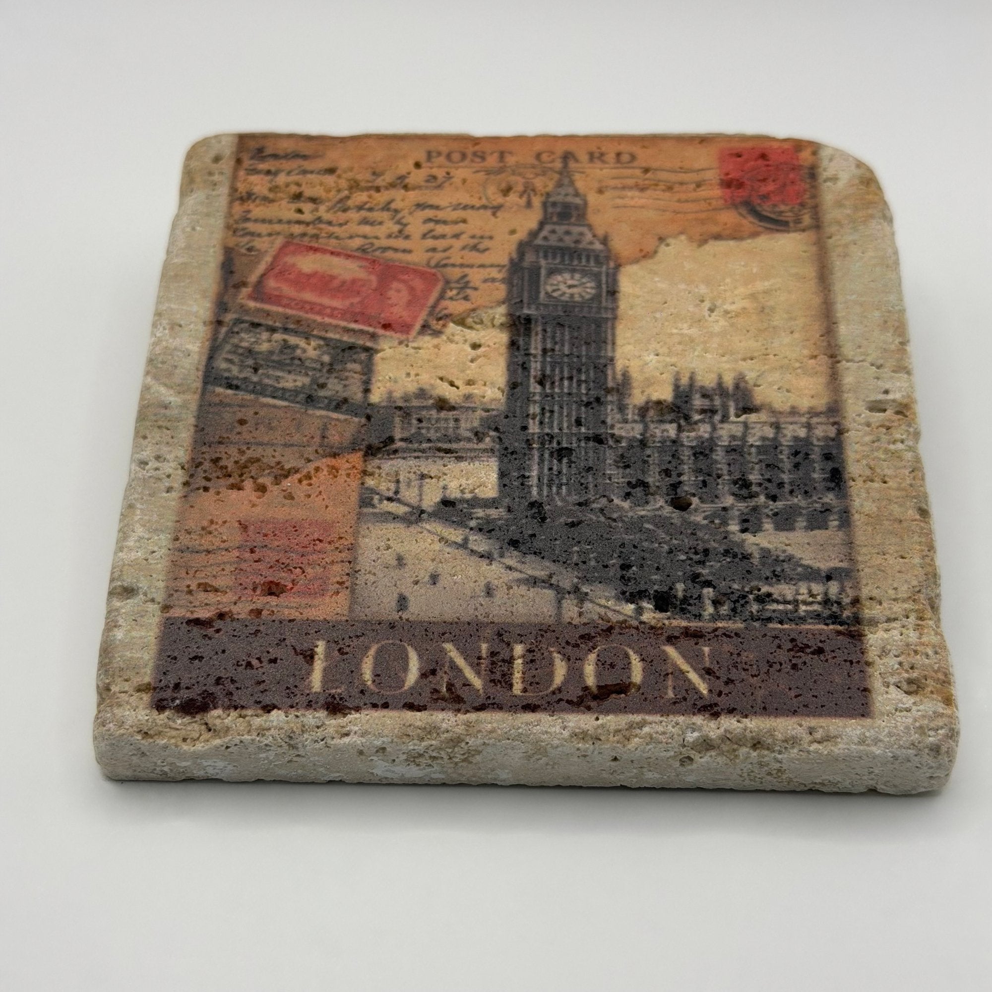Vintage Big Ben artwork printed on square travertine stone coaster