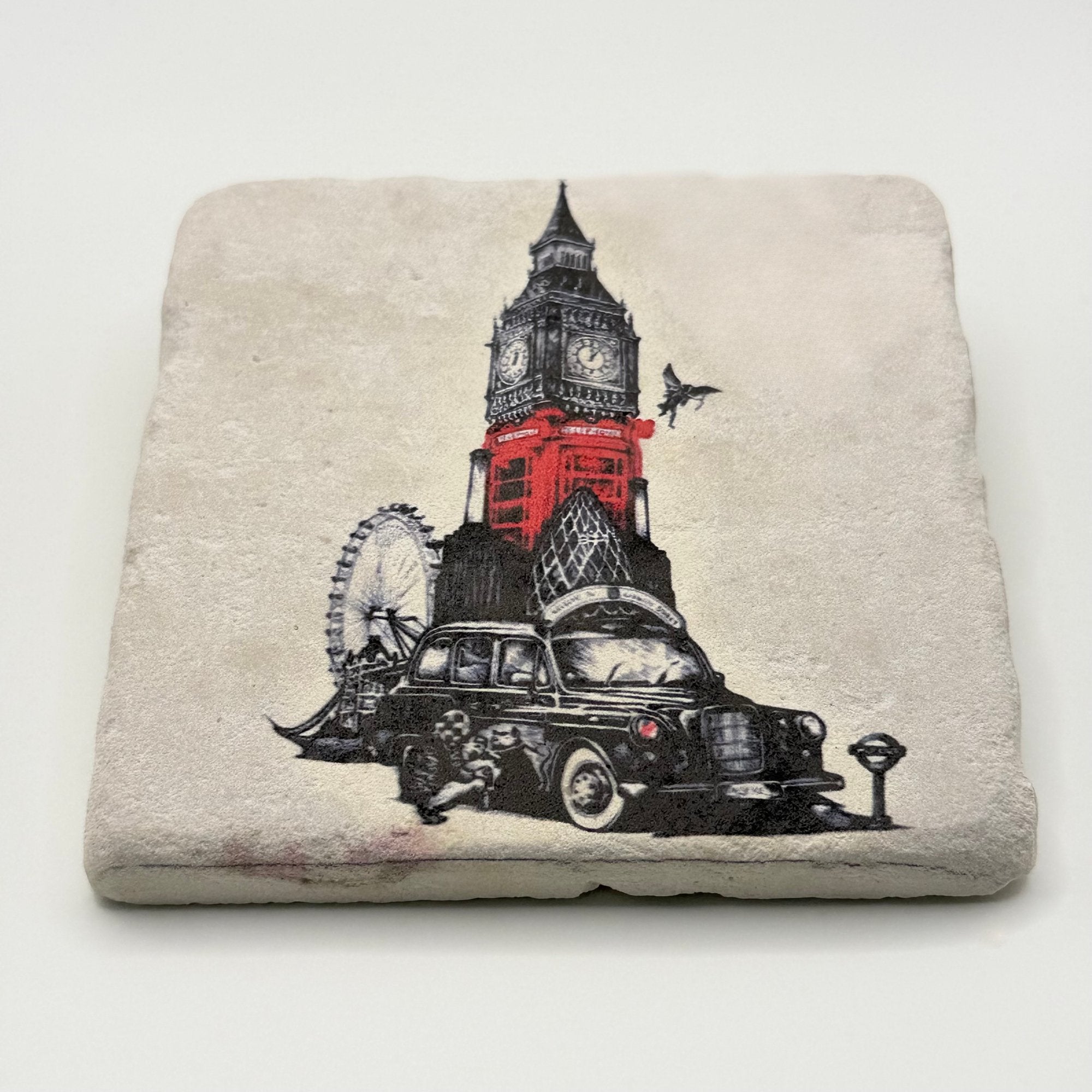 Iconic London landmarks, including a black cab and Big Ben, printed on square travertine stone coaster