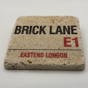 London Brick Lane street sign artwork printed on square travertine stone coaster