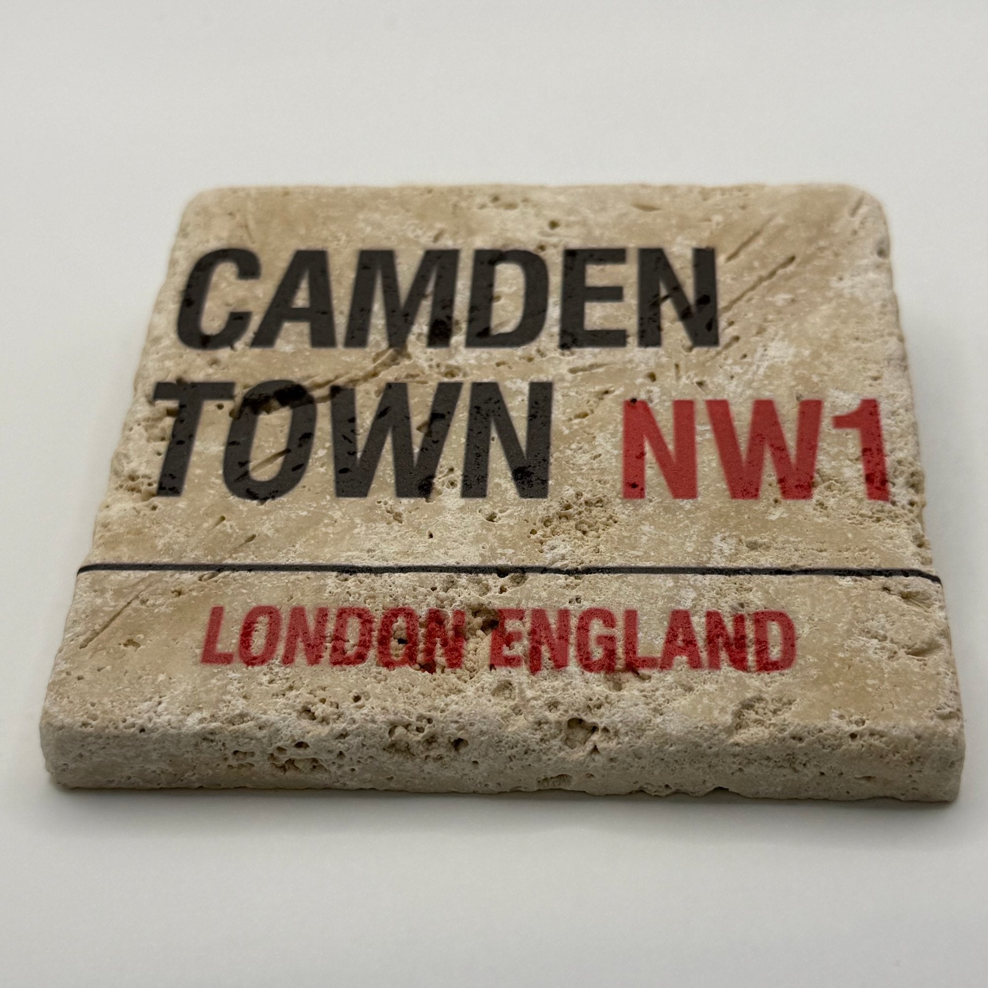 London Camden Town street sign design printed on square travertine stone coaster