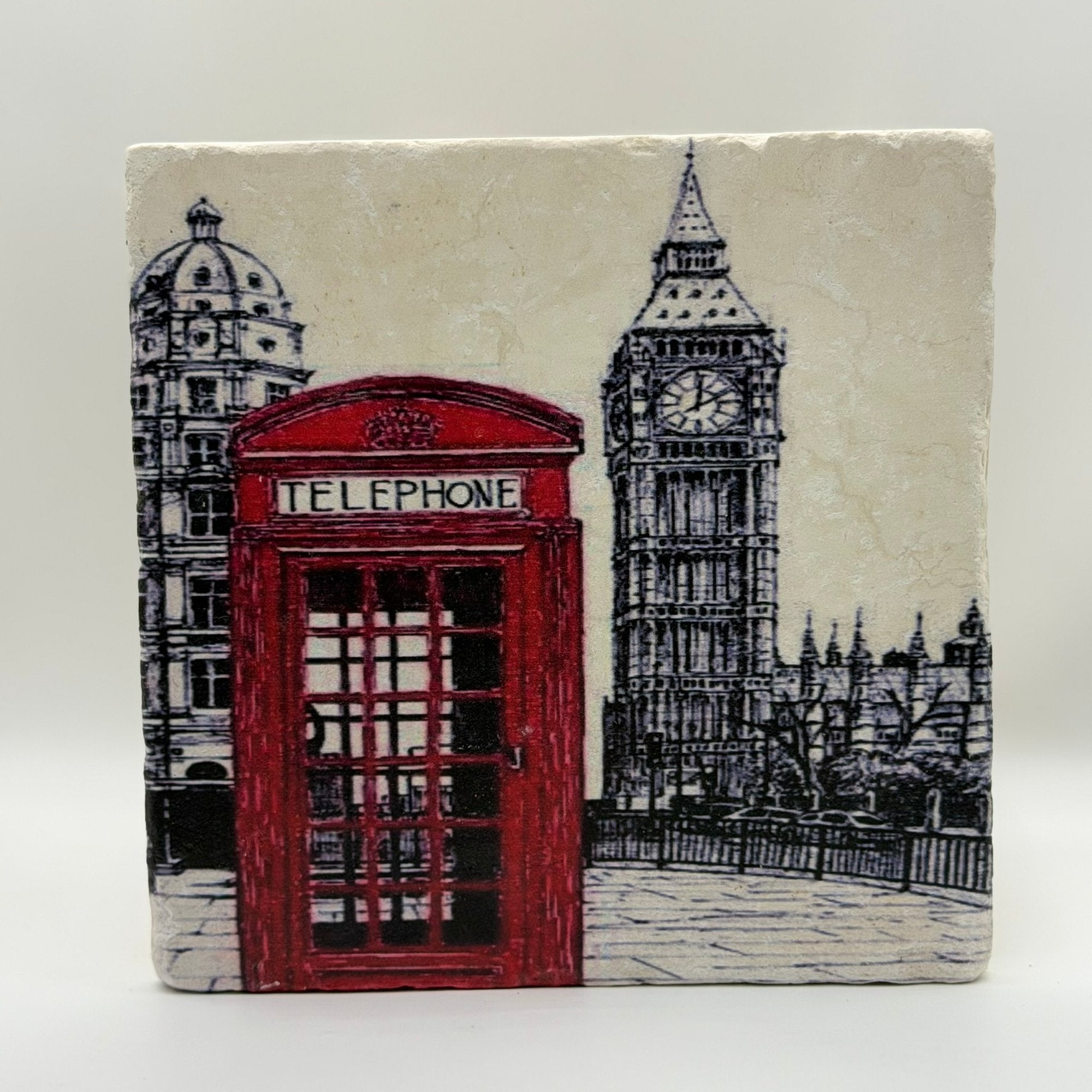 London Classic Phone Box Natural Travertine Stone Hotpad artwork