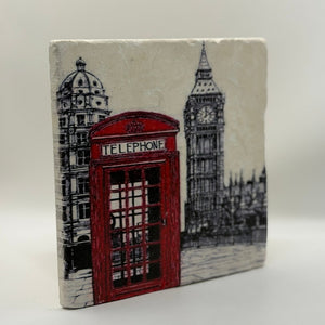 London Classic Phone Box Natural Travertine Stone Hotpad artwork