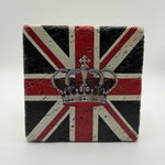 Lion and crown artwork printed on square travertine stone coaster