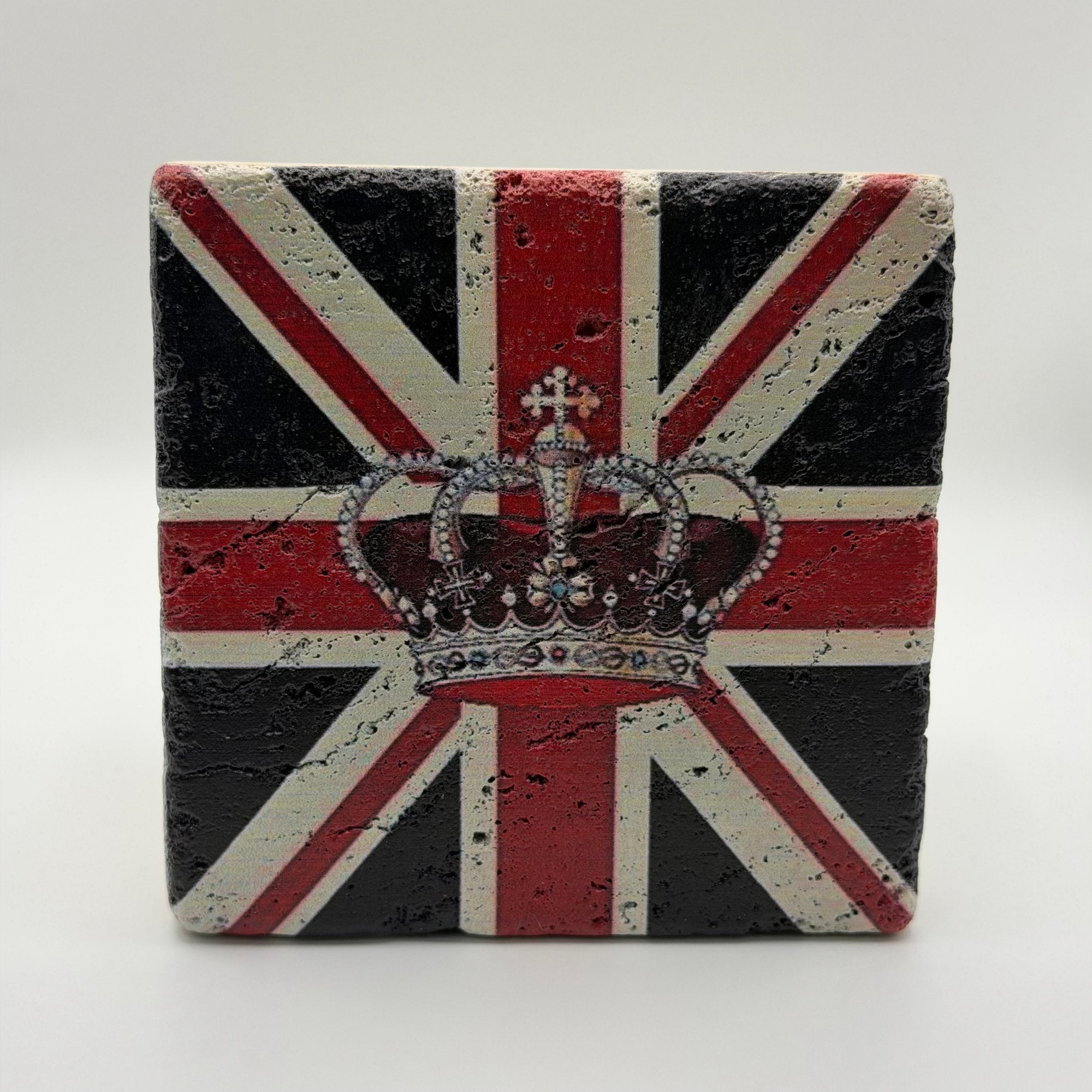 Lion and crown artwork printed on square travertine stone coaster