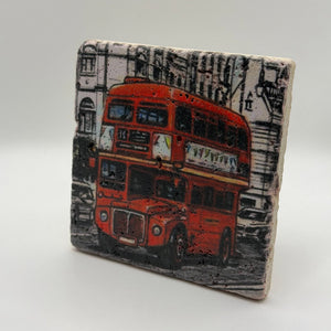 Double Decker bus design printed on square travertine stone coaster