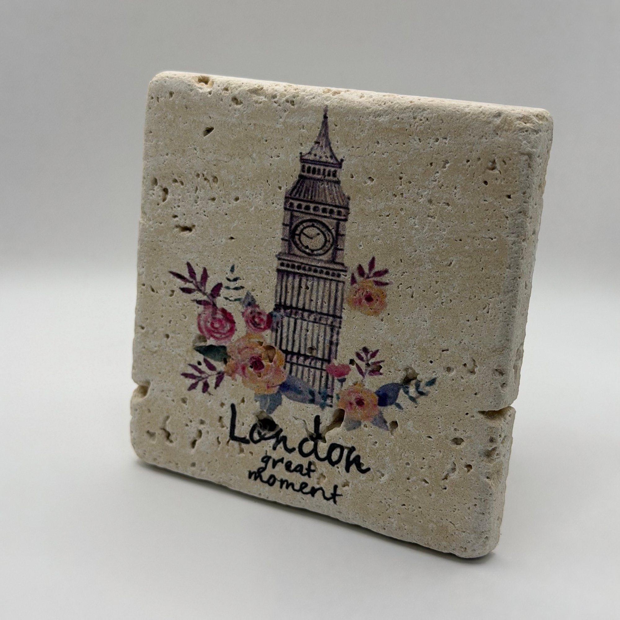 Vintage London artwork printed on square travertine stone coaster
