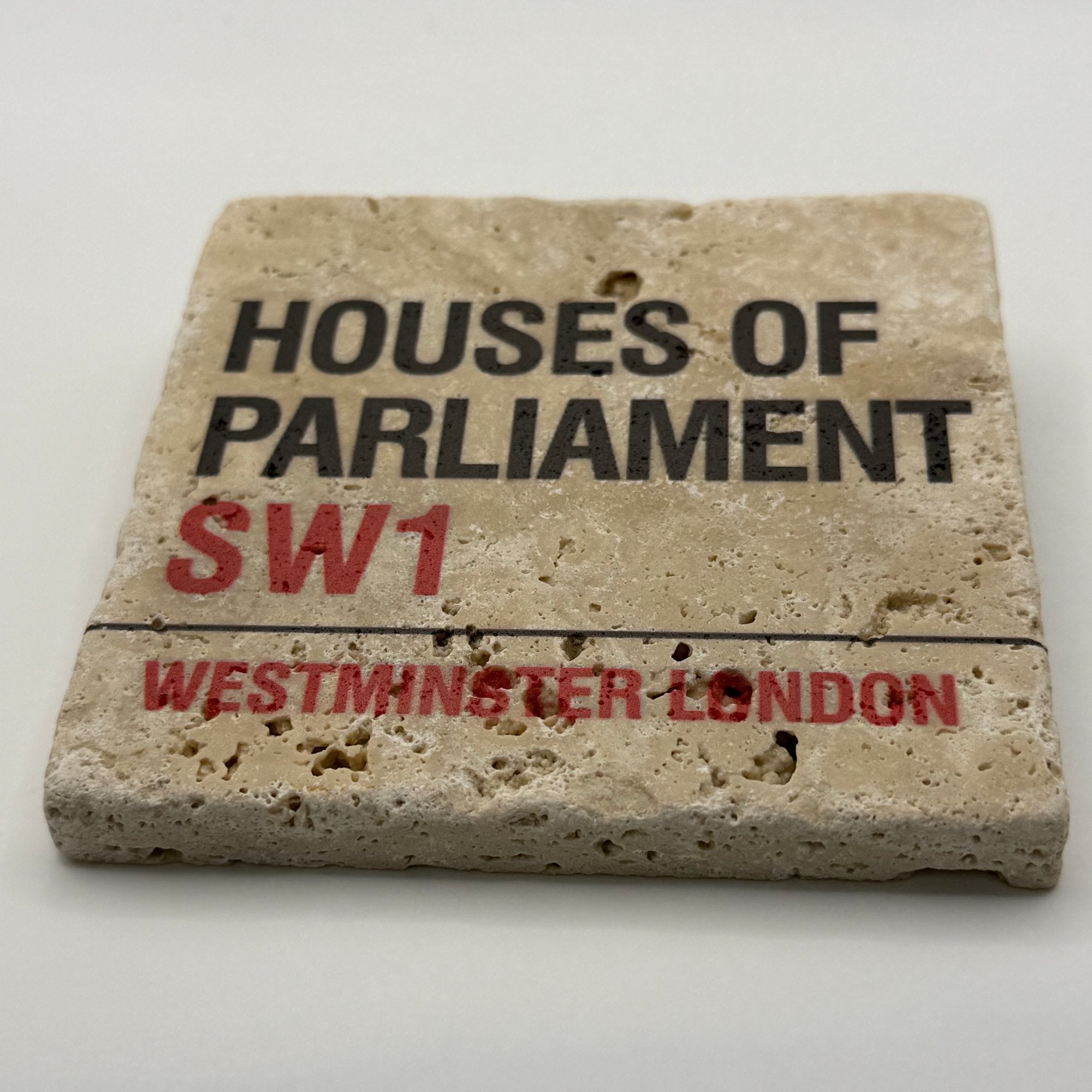 London Houses of Parliament architecture printed on square travertine stone coaster