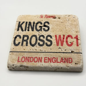 London Kings Cross street sign printed on square travertine stone coaster