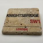 London Knightsbridge street sign printed on square travertine stone coaster