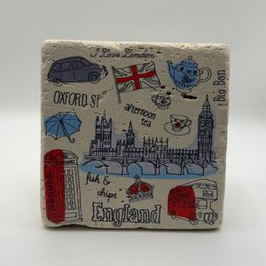 London landmarks artwork printed on square travertine stone coaster