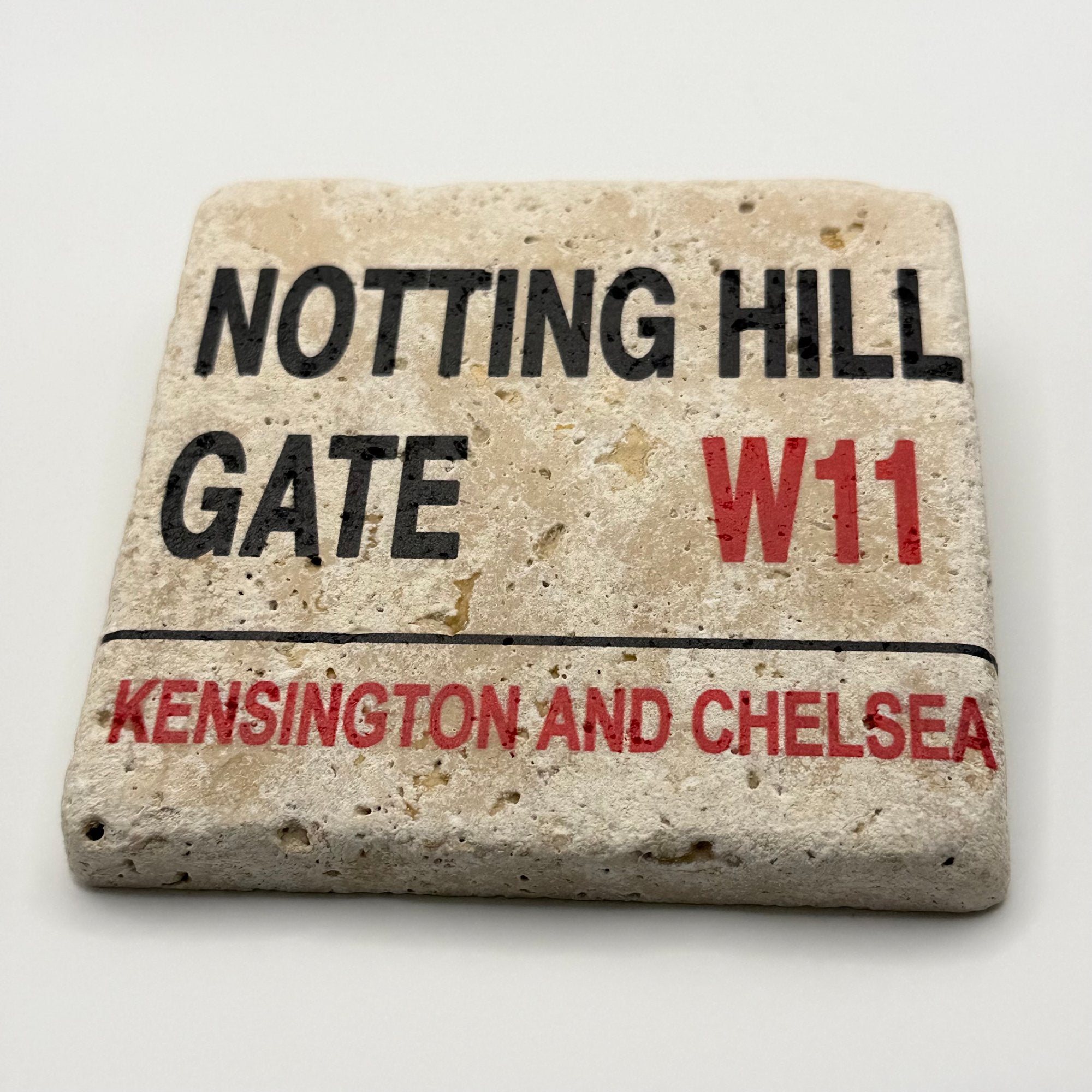 London Notting Hill Gate street sign artwork printed on square travertine stone coaster