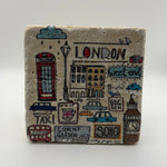 London Rain artwork printed on square travertine stone coaster