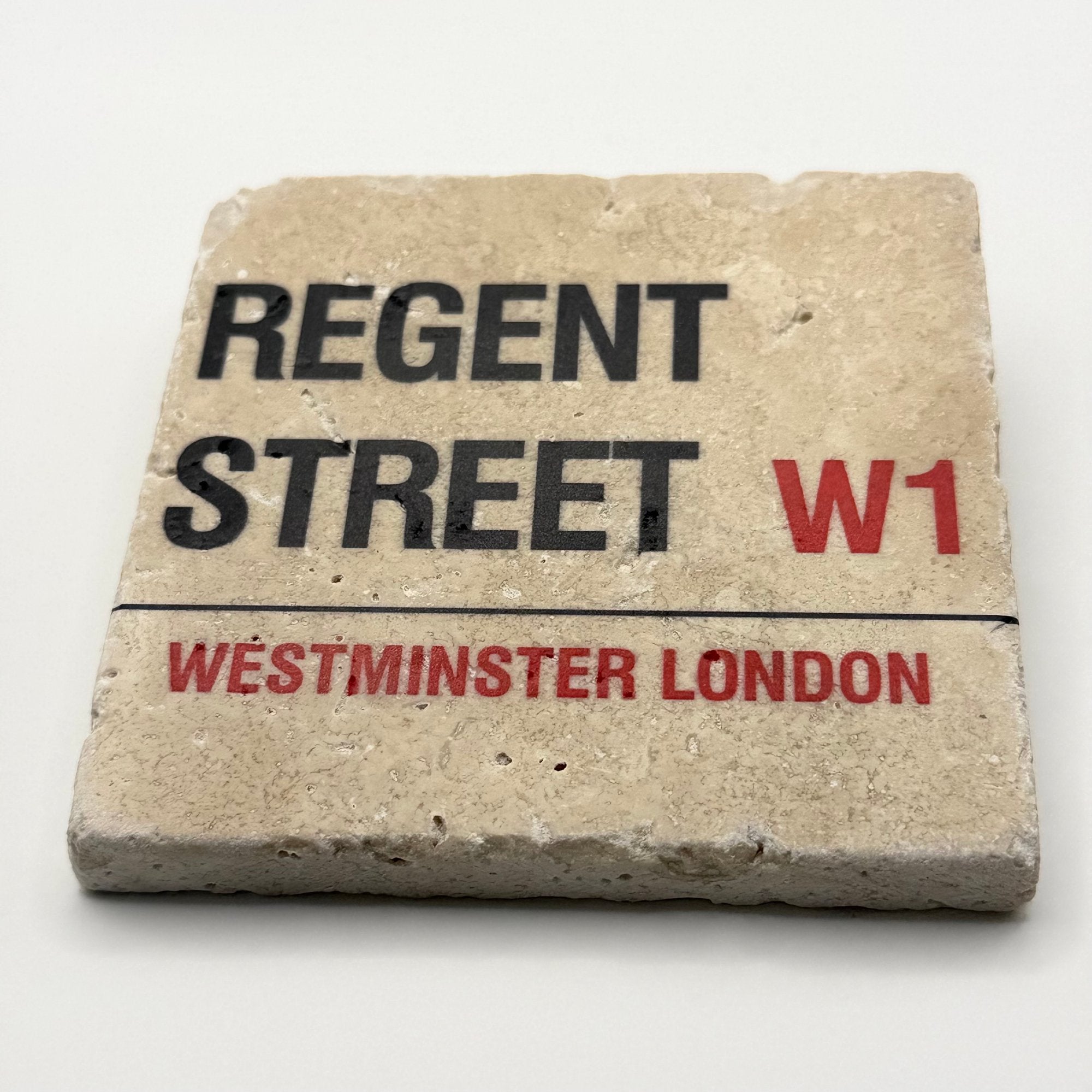 Vintage Regent Street sign artwork printed on square travertine stone coaster