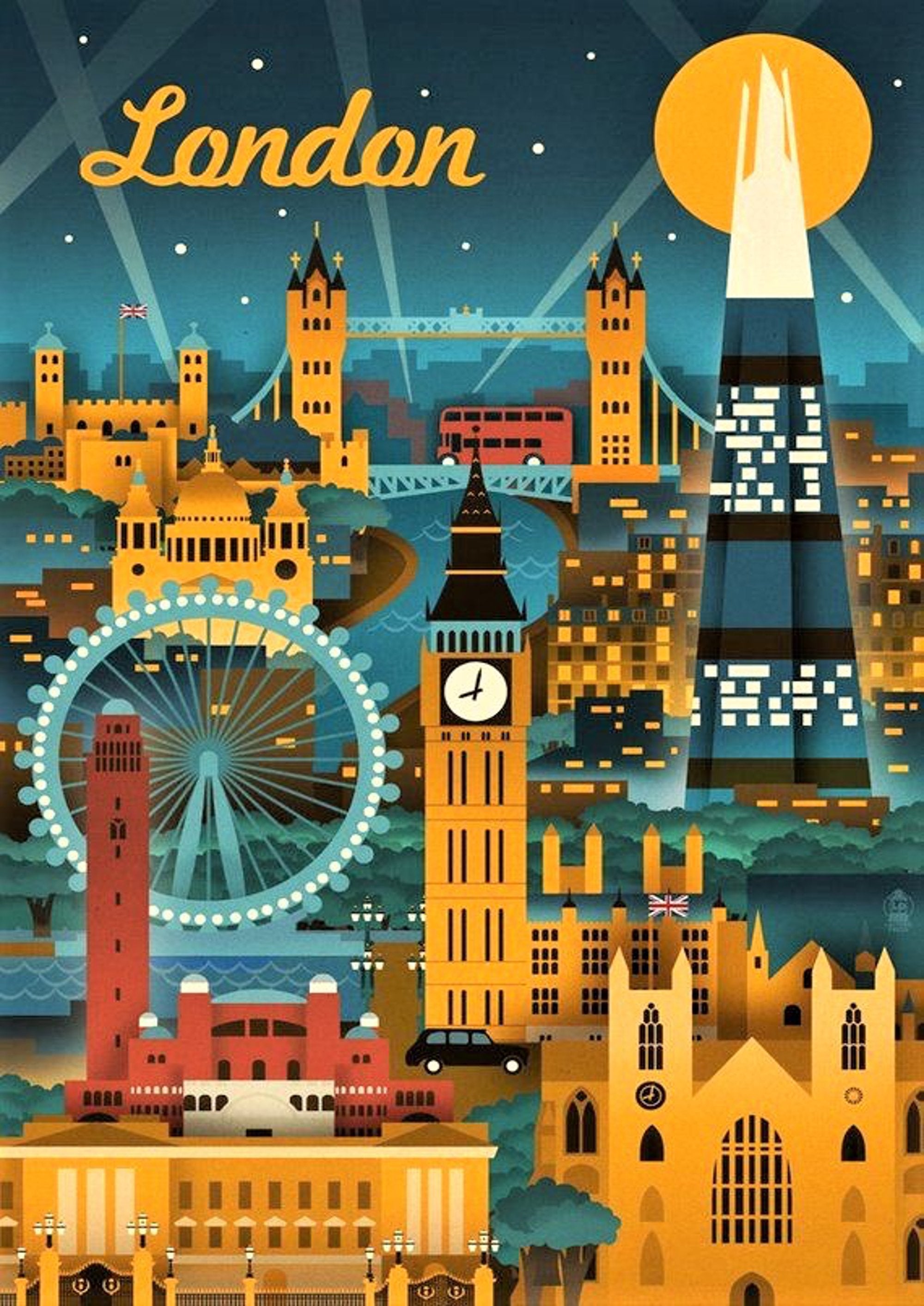 Retro London skyline artwork printed on MDF wall poster