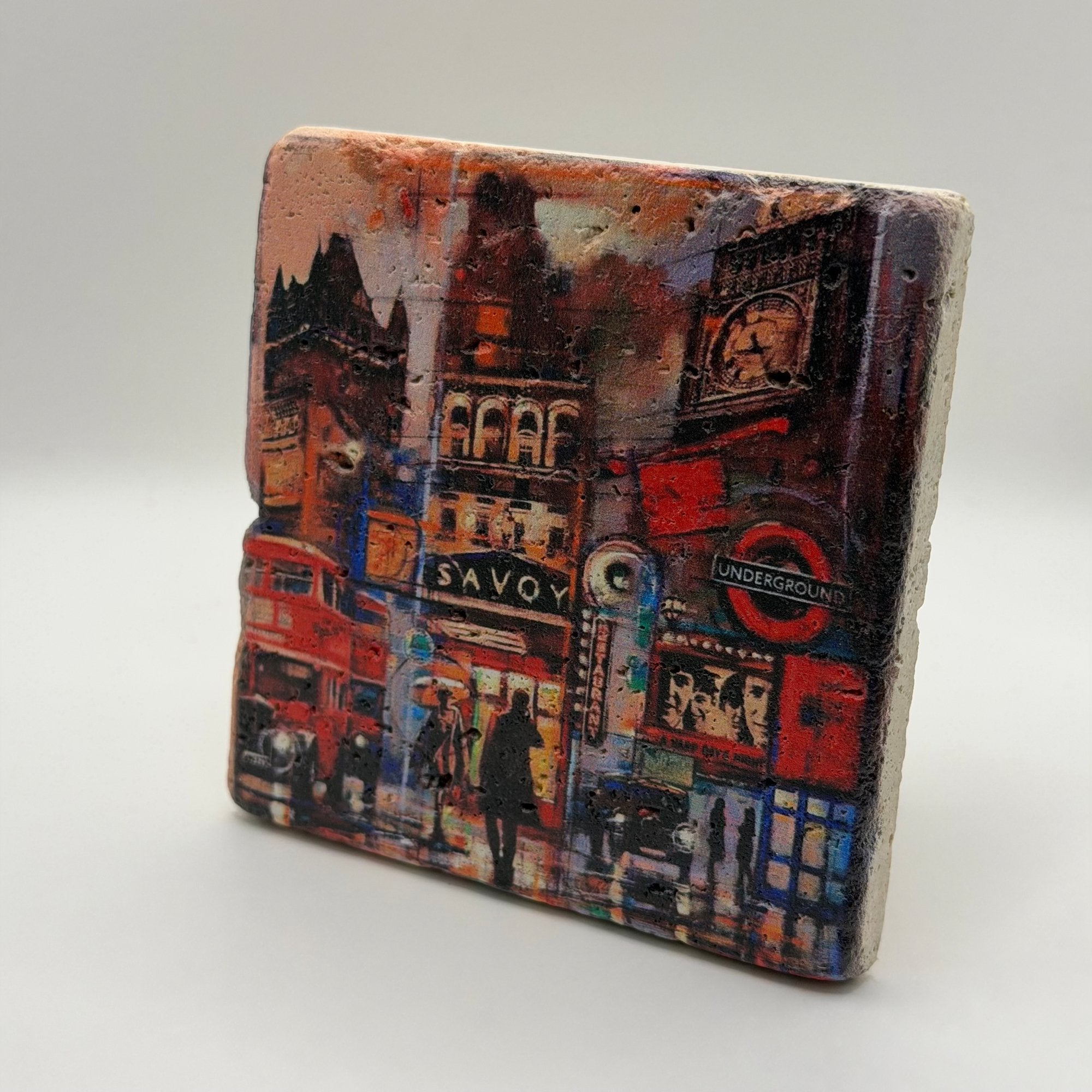 Vintage London Savoy hotel artwork printed on square travertine stone coaster