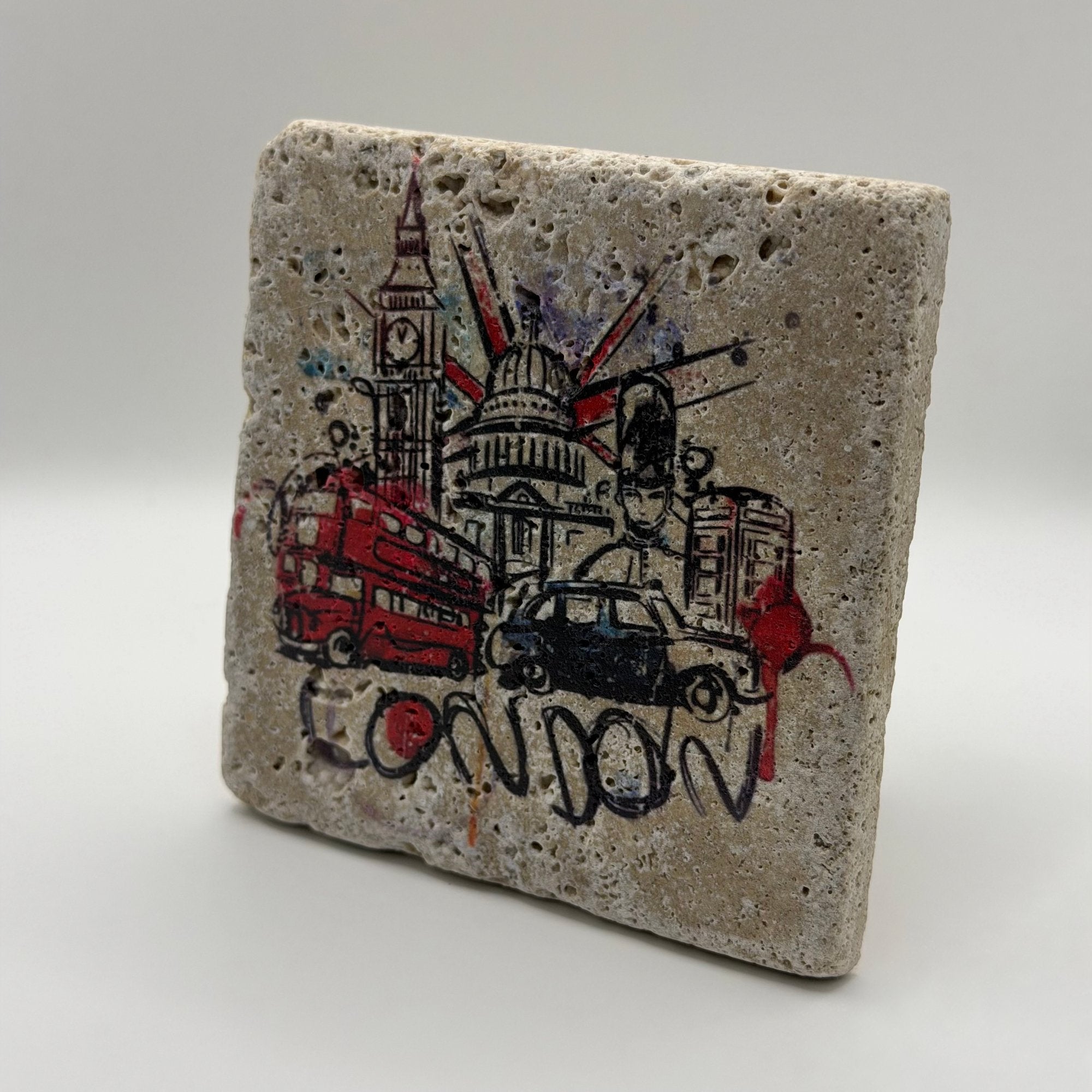 London Scramble artwork printed on square travertine stone coaster