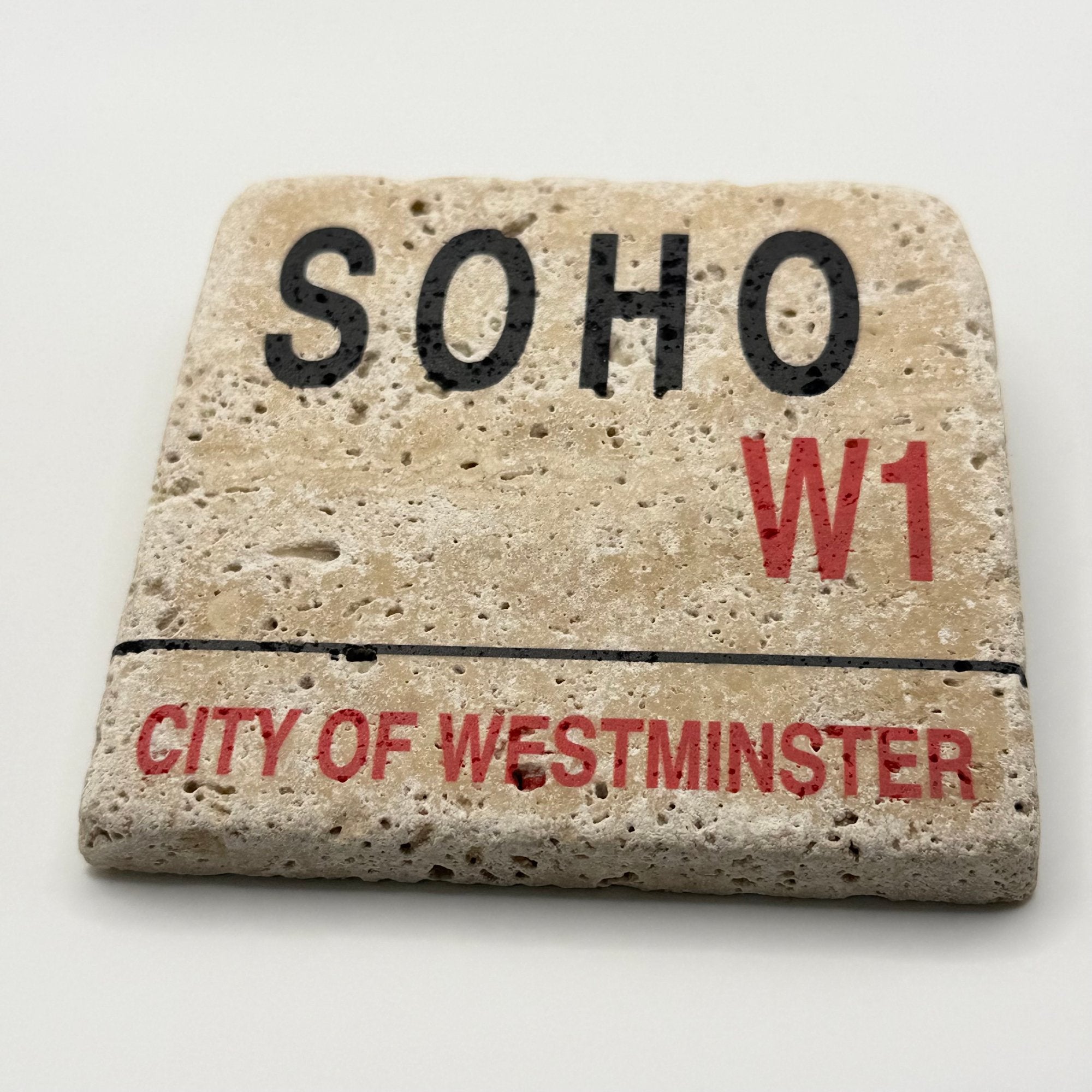Soho W1 street sign design printed on square travertine stone coaster