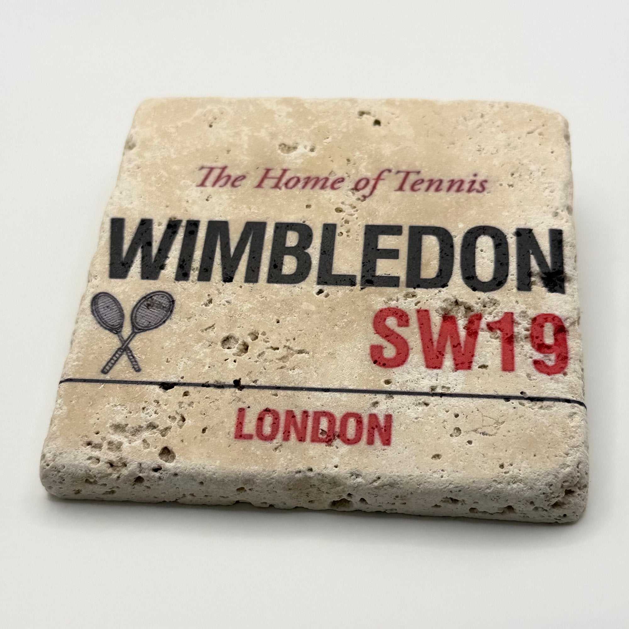 Wimbledon street sign design printed on square travertine stone coaster