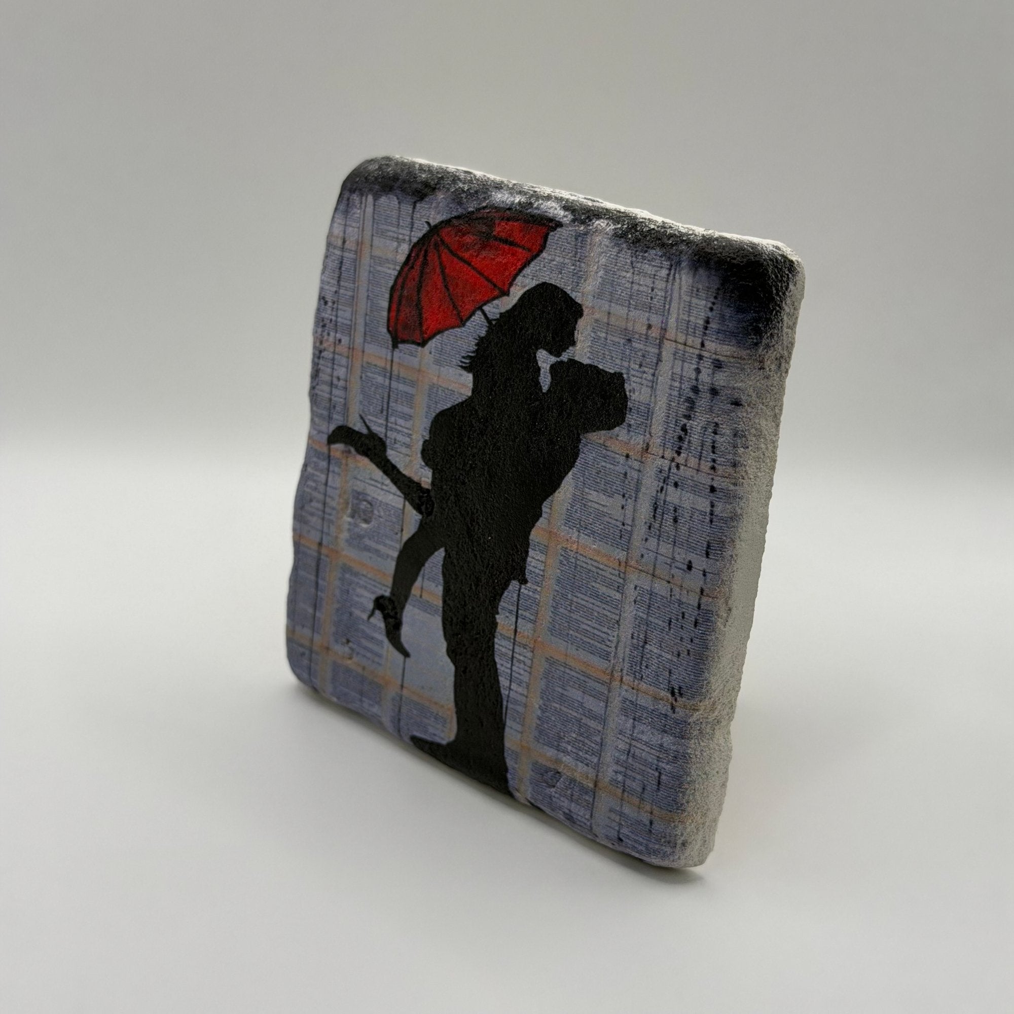 Whimsical love and rain artwork printed on square travertine stone coaster