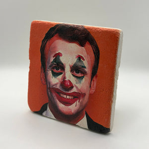 Emmanuel Macron clown artwork printed on square travertine stone coaster