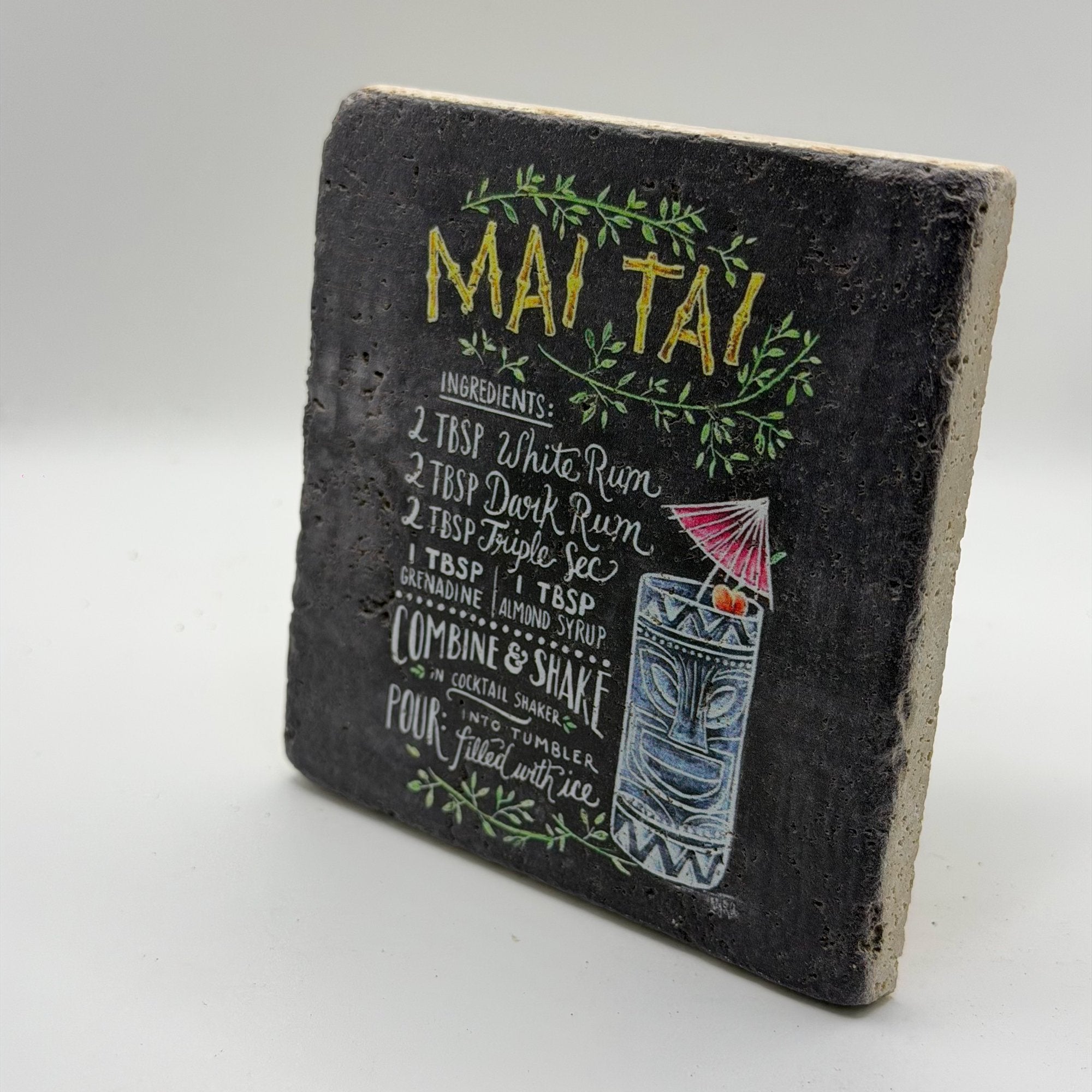 Tiki-inspired Mai Tai artwork printed on square natural travertine stone coaster