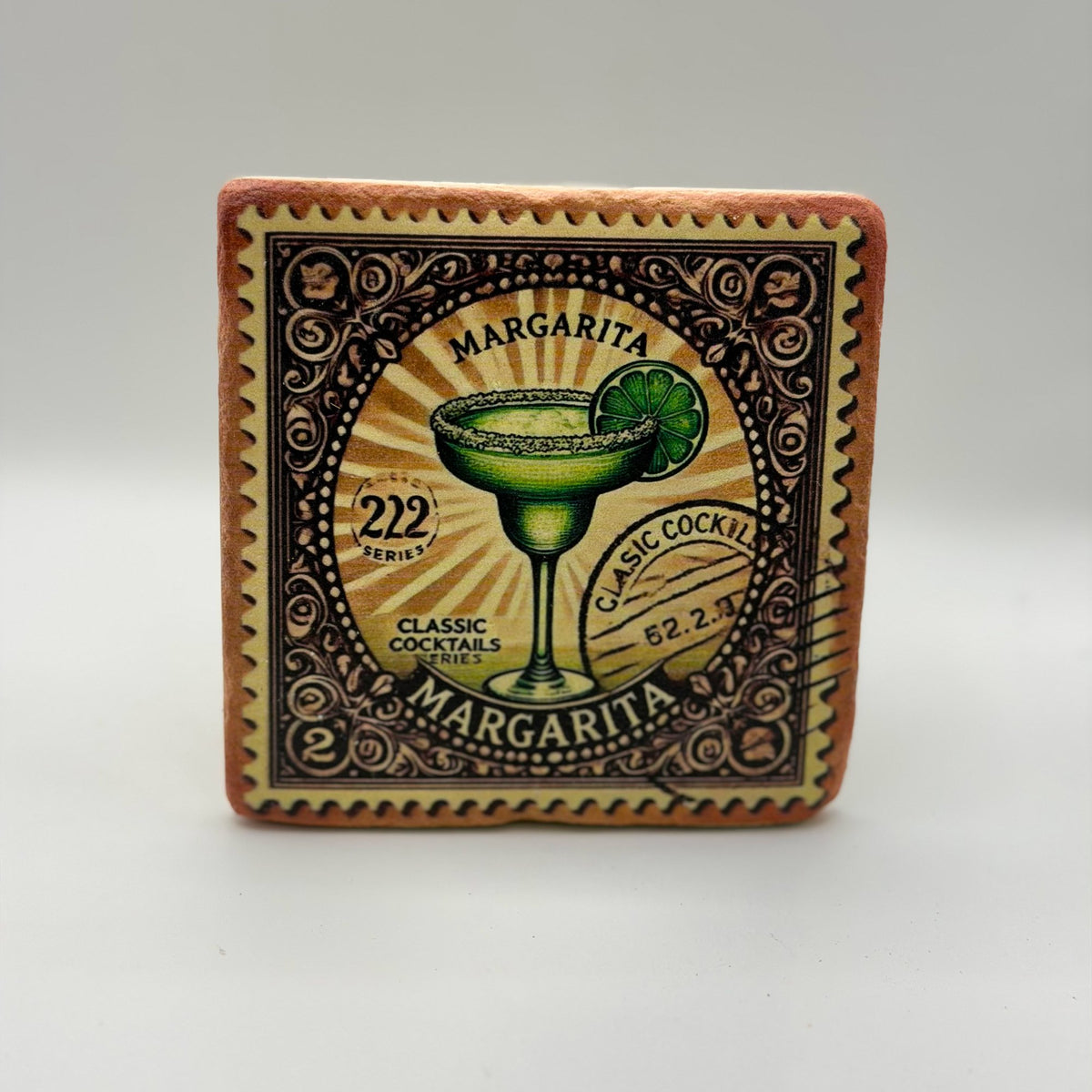 Margarita logo or design printed on square travertine stone coaster