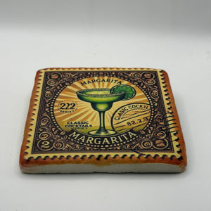 Margarita logo or design printed on square travertine stone coaster