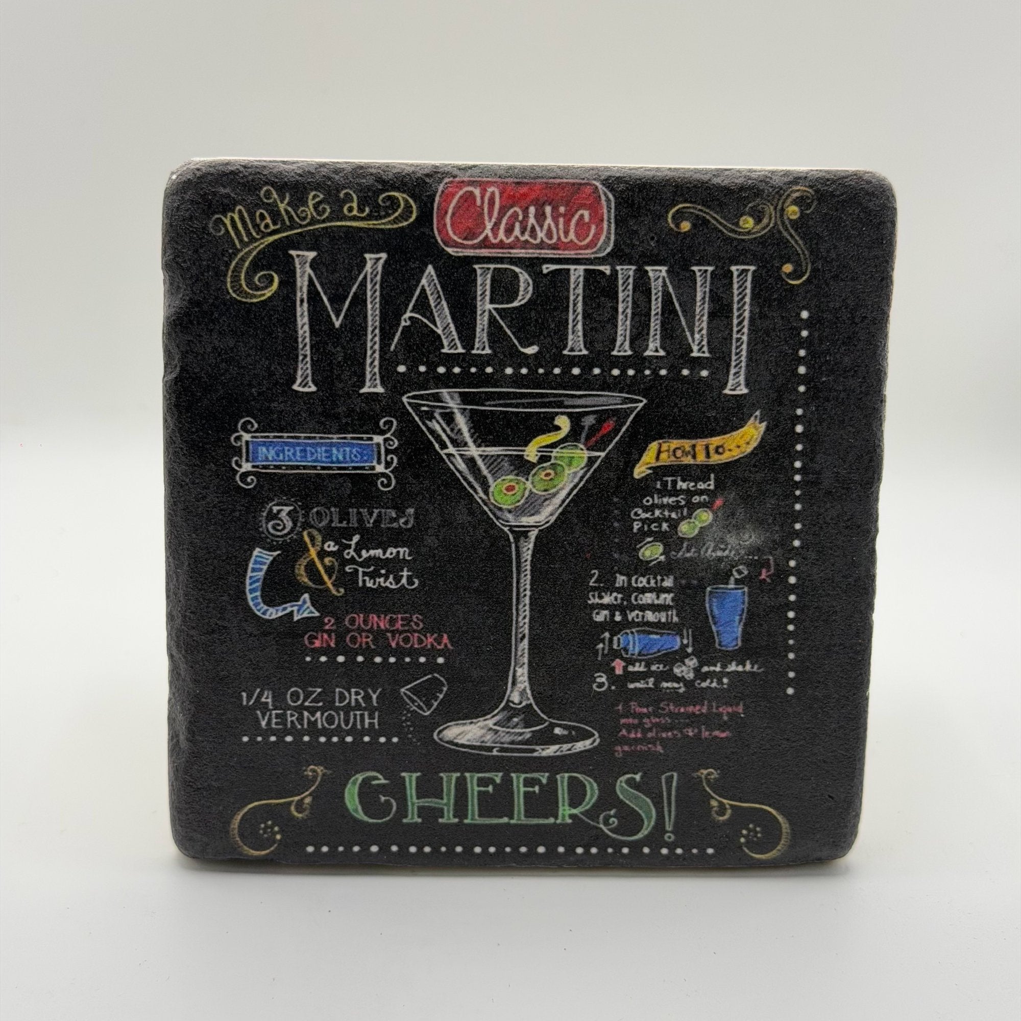 Elegant martini artwork printed on square travertine stone coaster