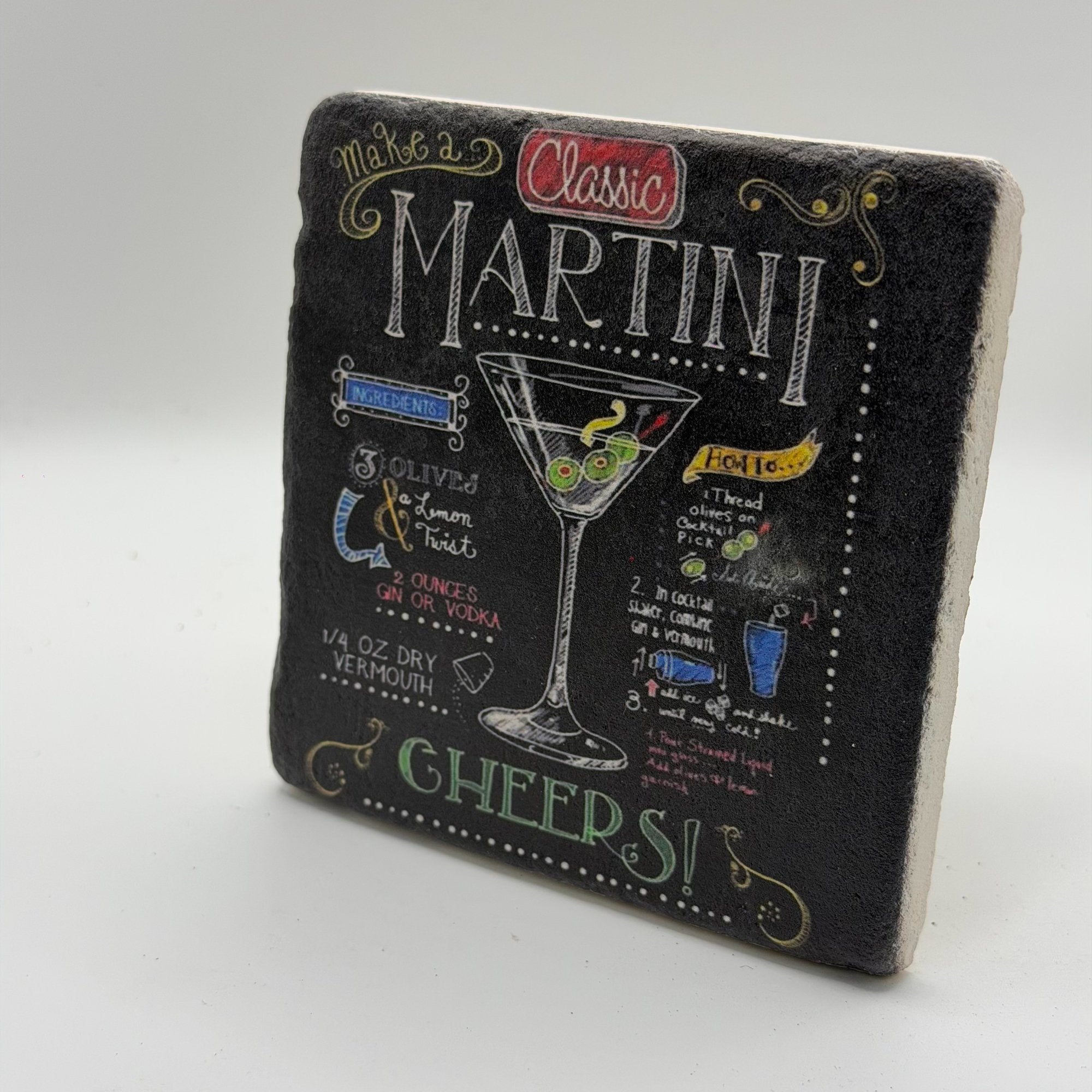 Elegant martini artwork printed on square travertine stone coaster