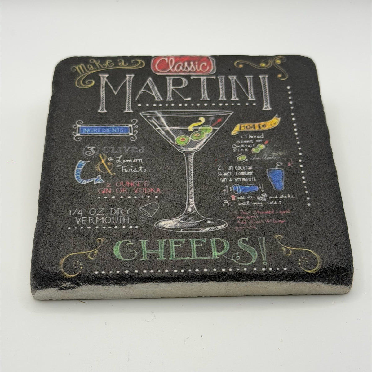 Elegant martini artwork printed on square travertine stone coaster