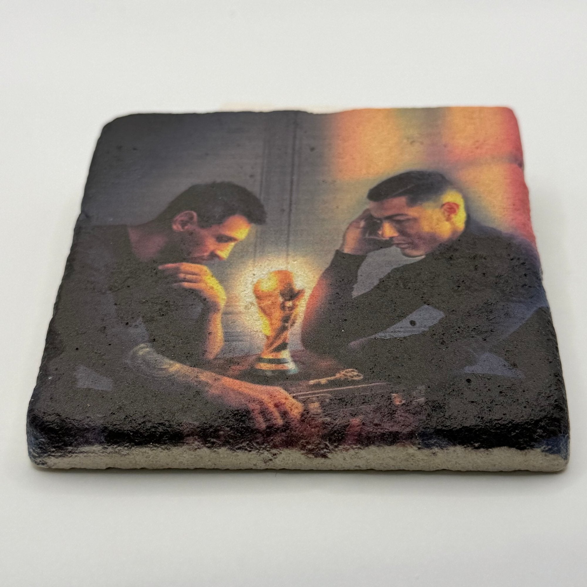 Messi vs Ronaldo chess-themed artwork printed on square travertine stone coaster