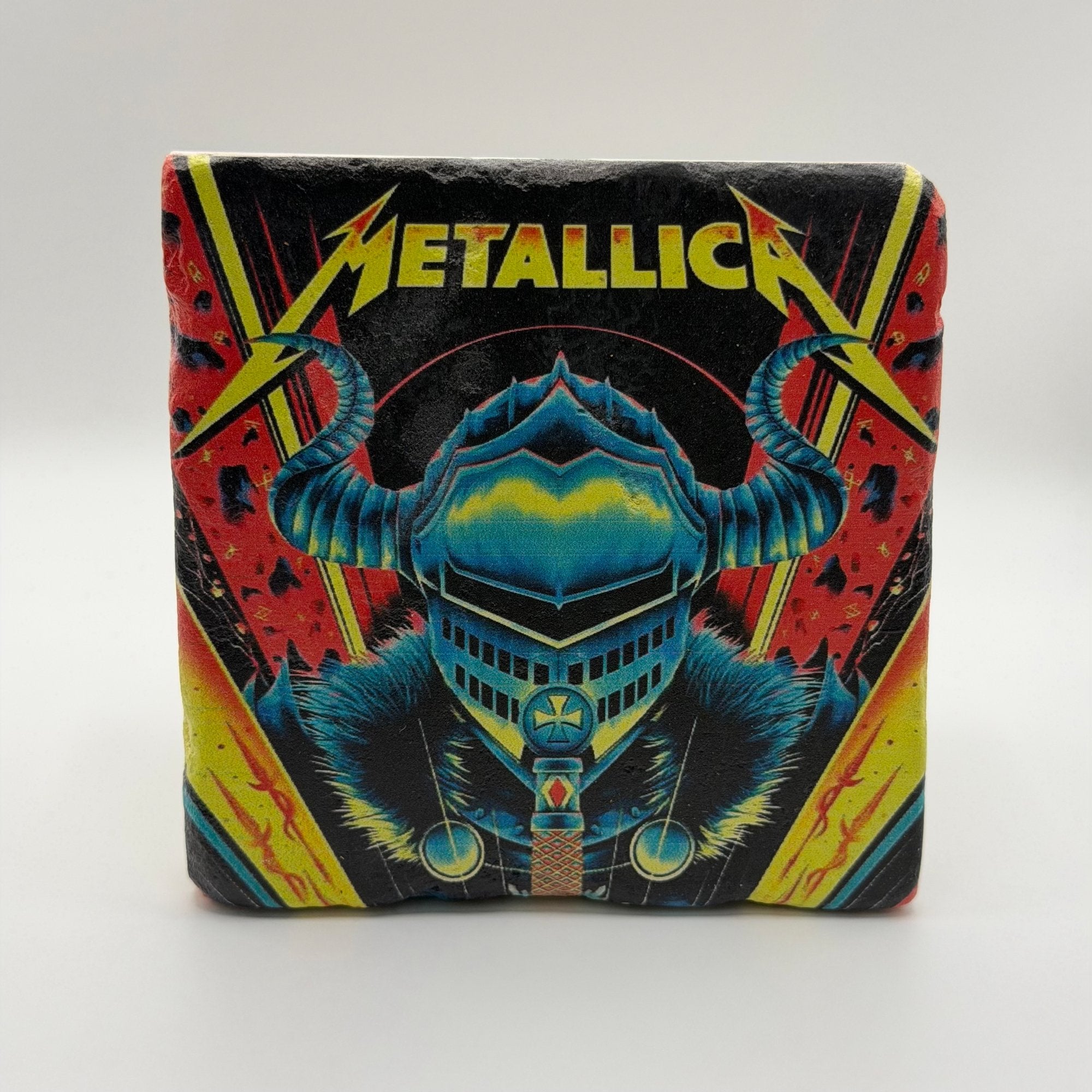 Metallica artwork printed on square travertine stone coaster