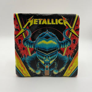 Metallica artwork printed on square travertine stone coaster