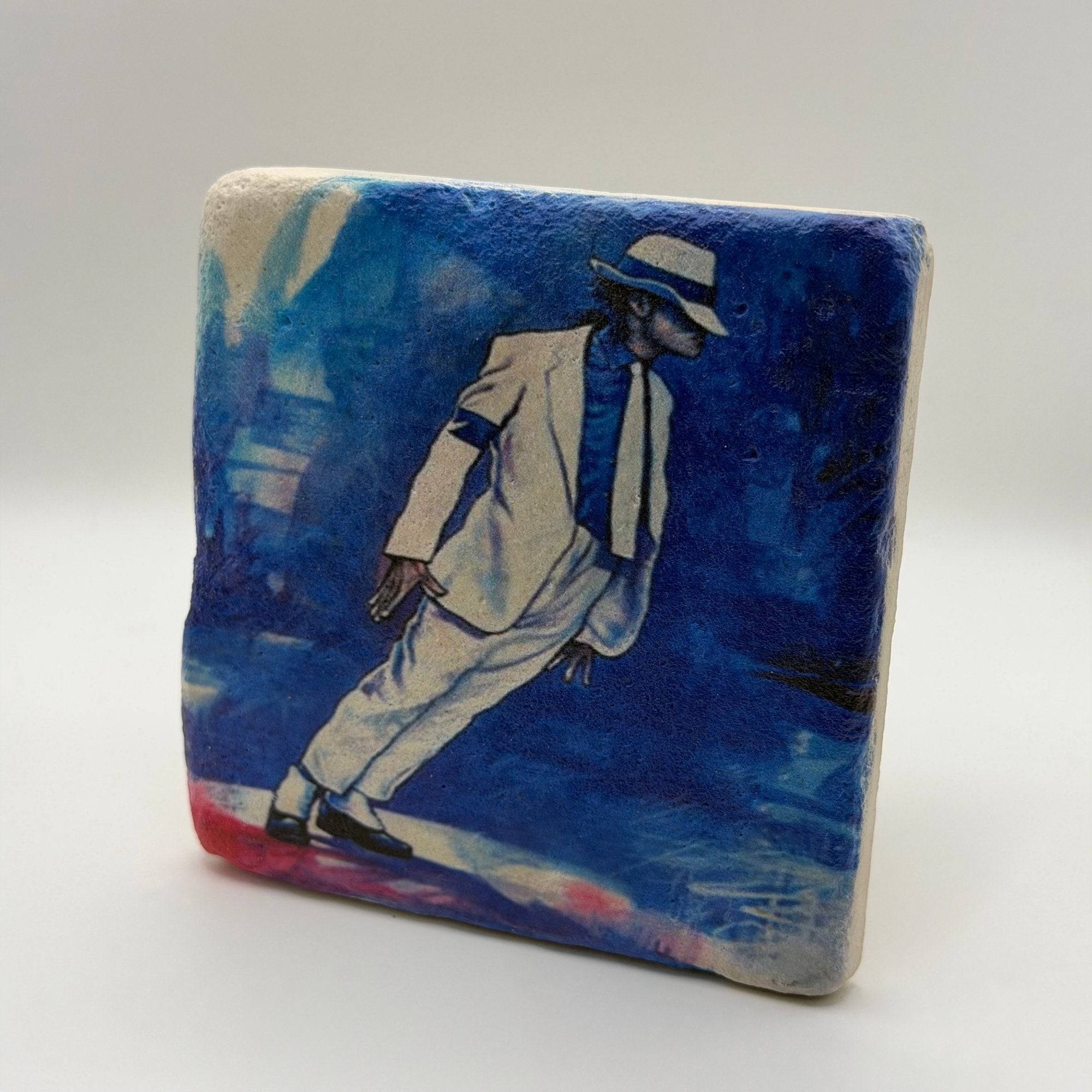 Michael Jackson artwork featuring Smooth Criminal lyrics printed on square travertine stone coaster