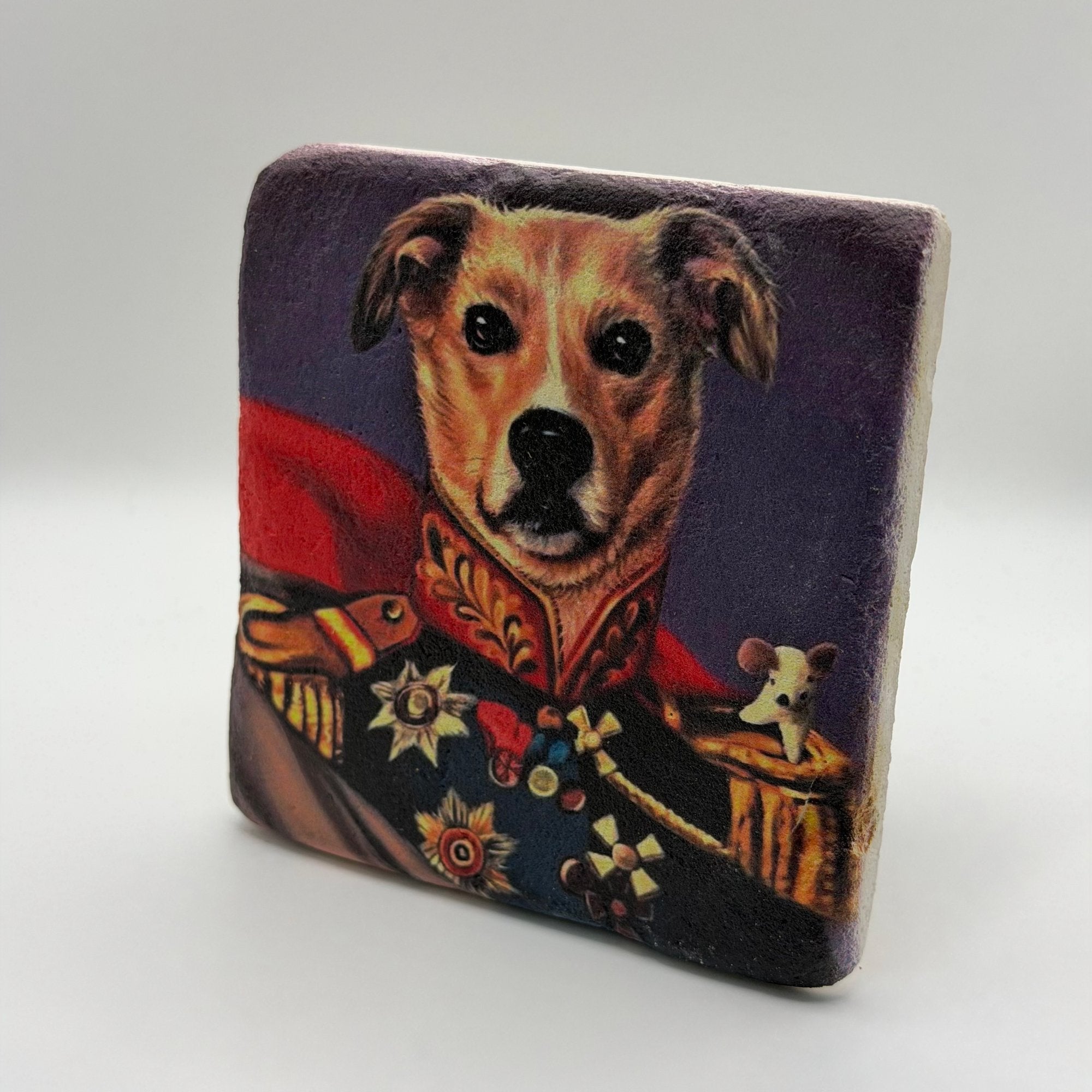 Patriotic military dog artwork printed on square travertine stone coaster