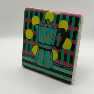 Mocha Pot Green design printed on square travertine stone coaster