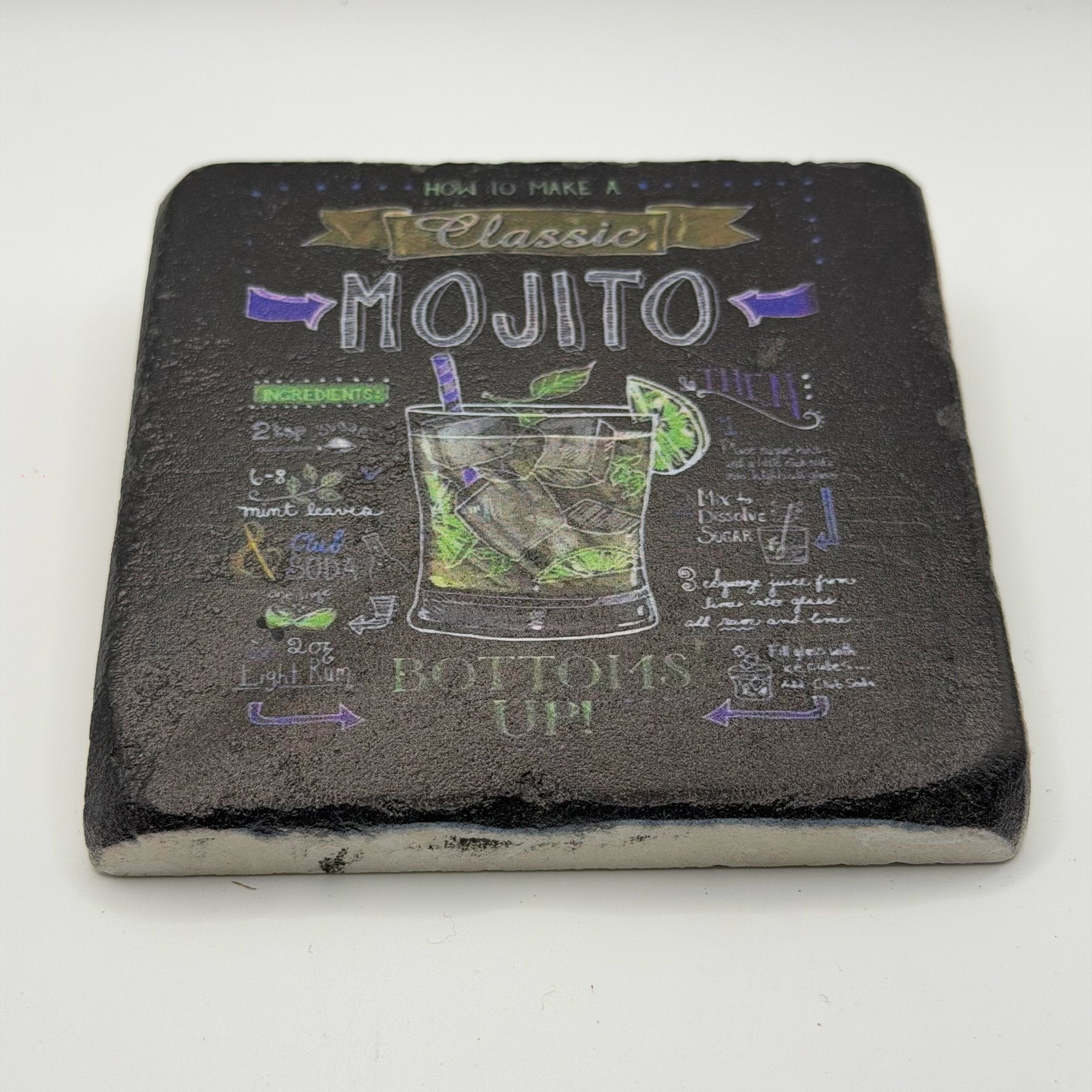 Classic mojito artwork printed on square travertine stone coaster