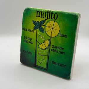Mojito cocktail artwork printed on square travertine stone coaster