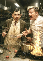 Mr. Bean's iconic kitchen scene printed on MDF wall poster